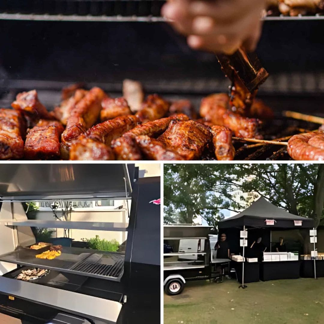 Collage of grilling food, a grill with food, and Billy Tongs food truck outdoors.