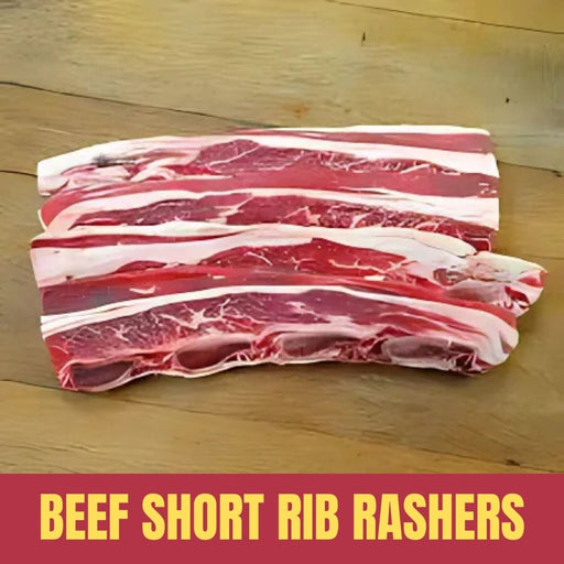 Beef short rib rashers on a wooden surface with text overlay.
